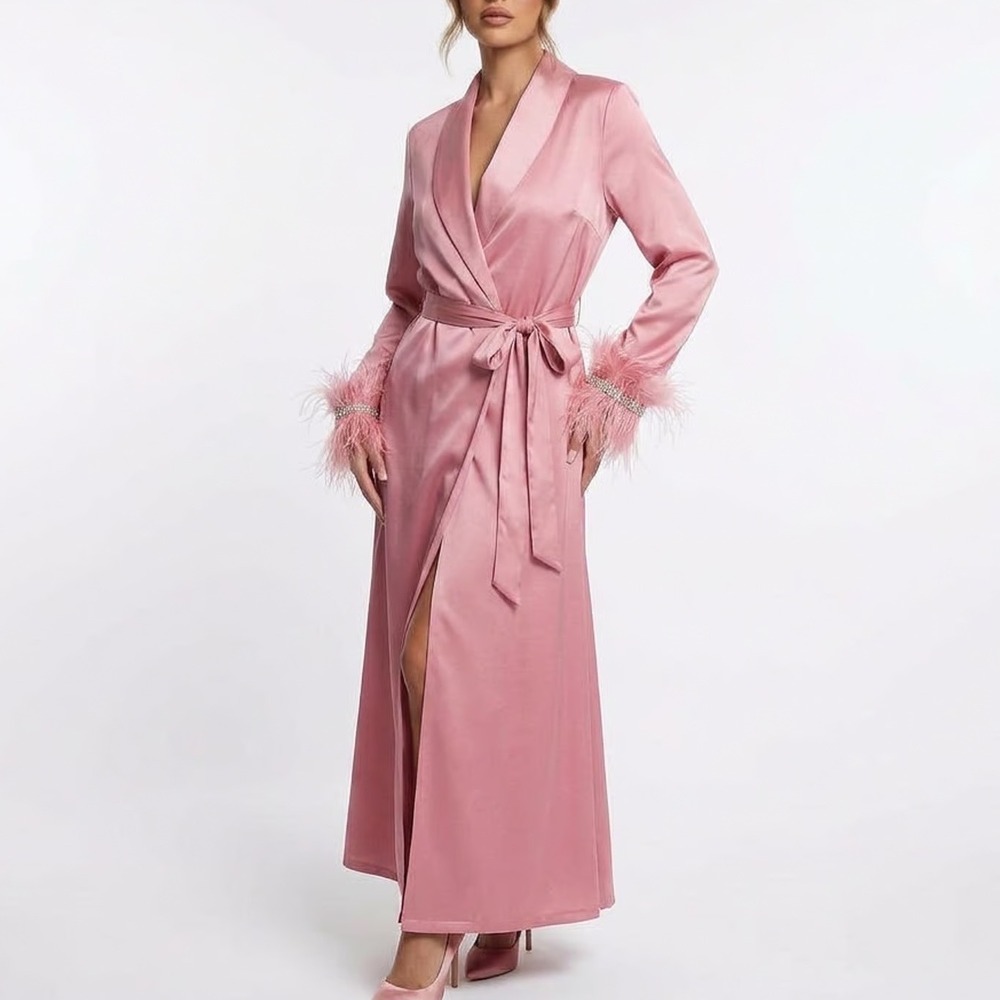 Naked Wardrobe The Statement Pink Feather Cuff Beaded Maxi Duster Robe Medium